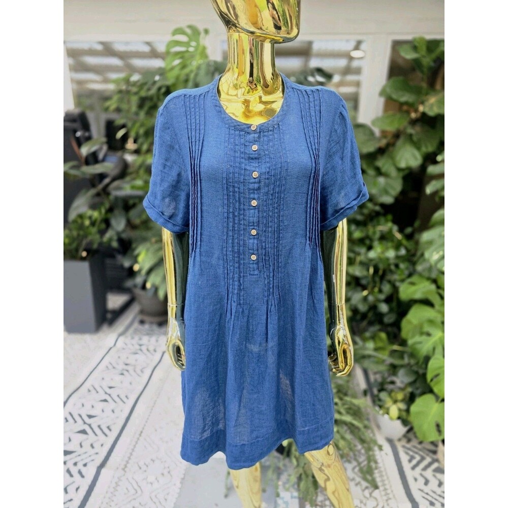 Faherty Blue Linen Pintuck Button Front Dress XL EUC